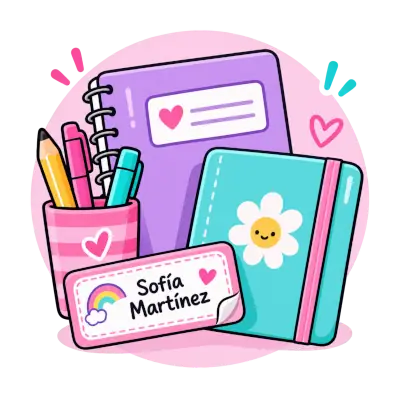 Papelería escolar personalizada con etiquetas y cuadernos