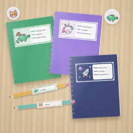 Etiquetas escolares para imprimir pegadas en cuadernos y lápices