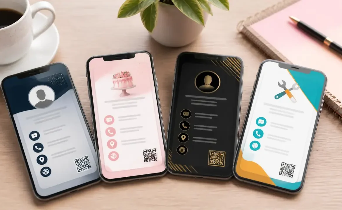 Ejemplos de tarjetas de presentación digitales para distintas profesiones en móviles