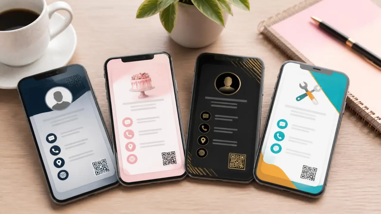 Ejemplos de tarjetas de presentación digitales para distintas profesiones en móviles