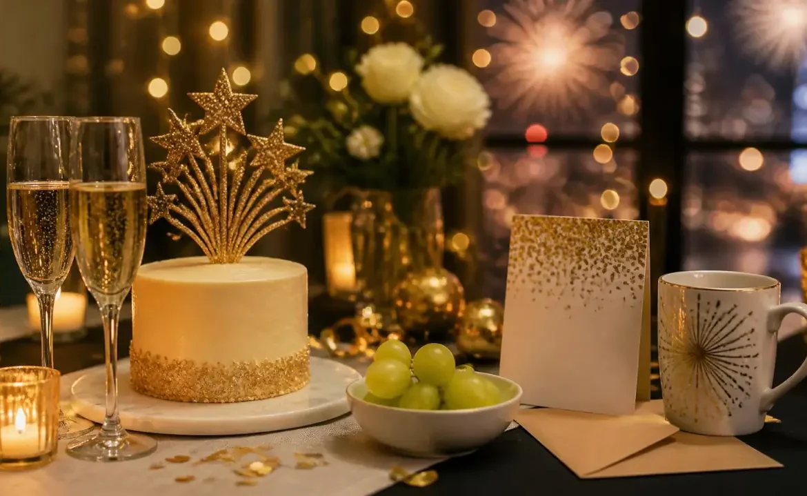 Mesa de fin de año con torta con topper, tarjeta, taza personalizada, uvas y copas