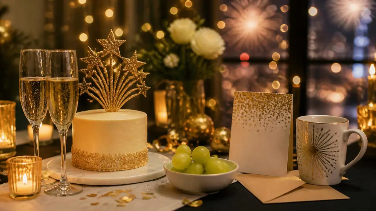 Mesa de fin de año con torta con topper, tarjeta, taza personalizada, uvas y copas