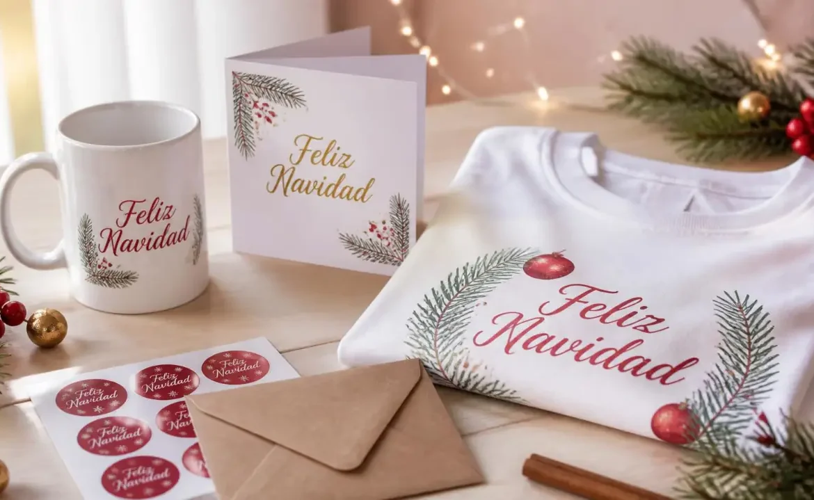 Productos navideños personalizados con mensajes de navidad cortos y bonitos en taza, tarjeta, franela y stickers