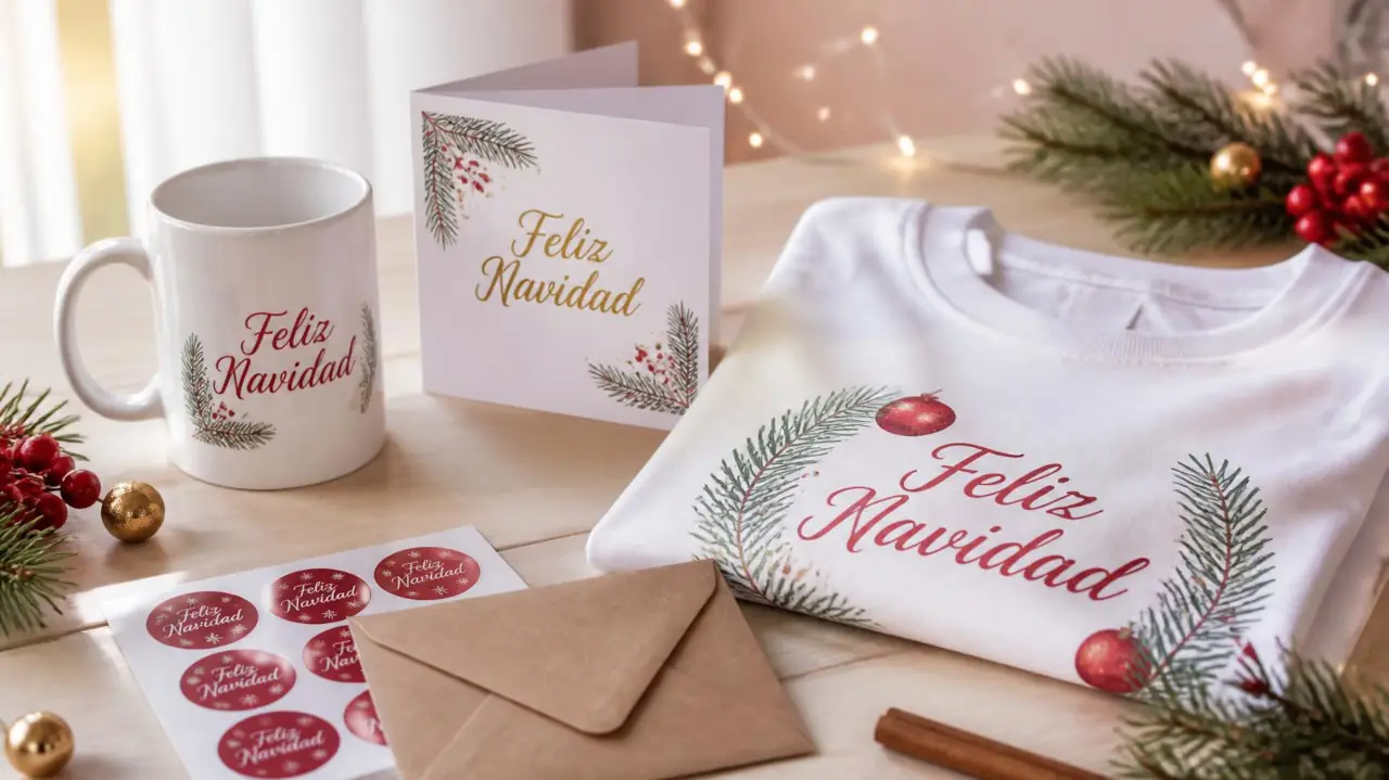 Productos navideños personalizados con mensajes de navidad cortos y bonitos en taza, tarjeta, franela y stickers