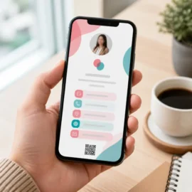 Tarjeta de presentación digital en un móvil con botones y código QR