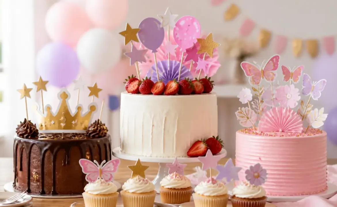 Tortas con topper 3D, topper elegante y topper de flores, con cupcakes a juego
