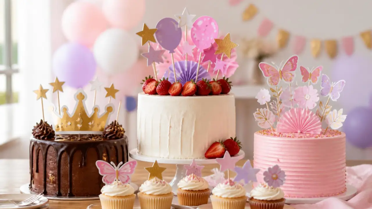 Tortas con topper 3D, topper elegante y topper de flores, con cupcakes a juego