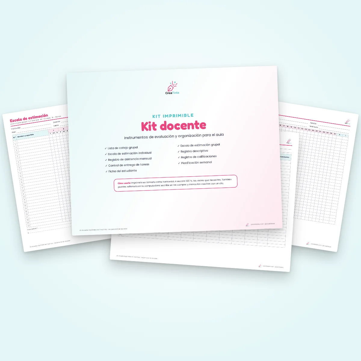 Kit docente para imprimir con lista de asistencia y formatos de evaluación