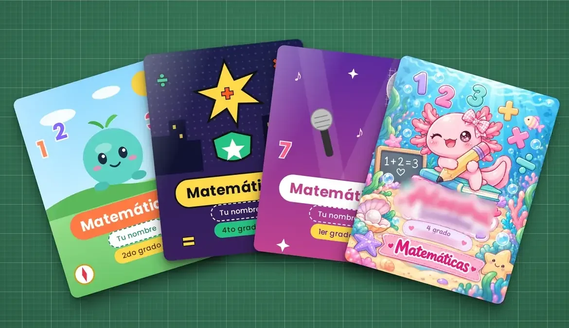 Portadas para cuadernos de matemáticas con números, figuras geométricas y un ajolote