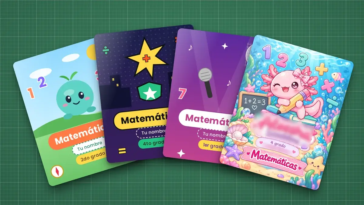 Portadas para cuadernos de matemáticas con números, figuras geométricas y un ajolote